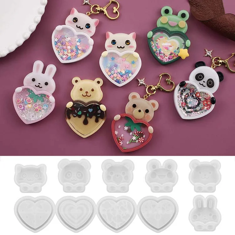 10 Pcs Animal Heart Shaped Keychain Shaker Resin Molds Set