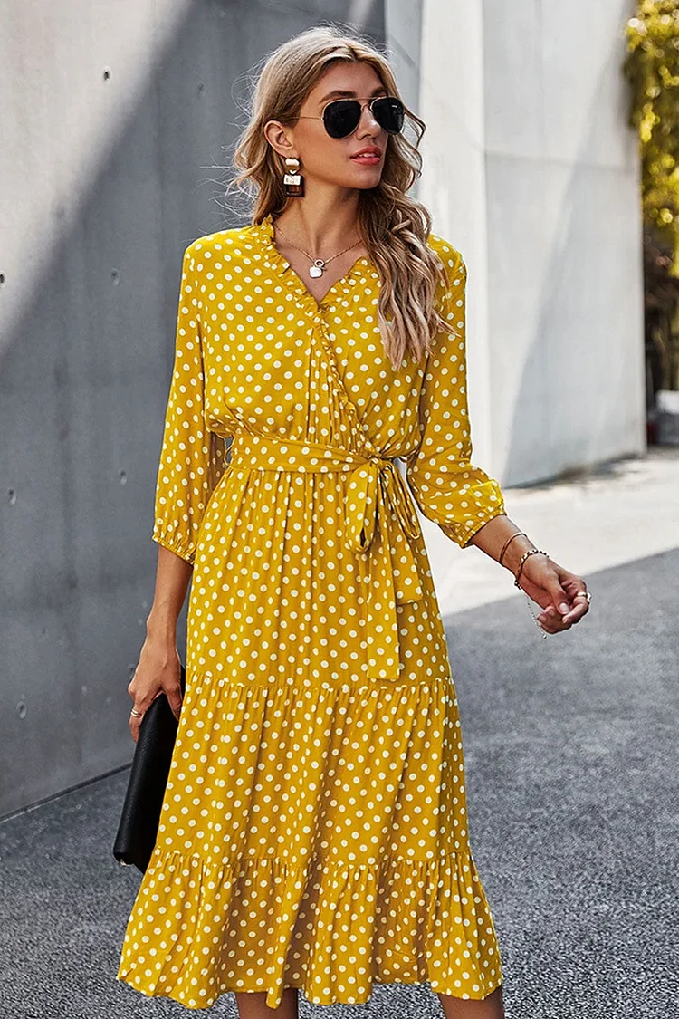 Luditu Midi Dress, Ruffle Polka Dot in Yellow