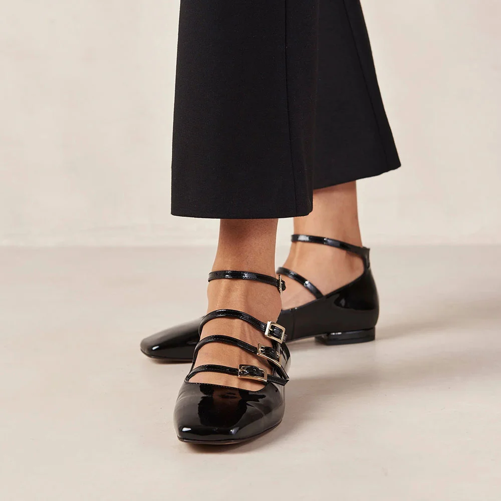Black Patent Leather Buckled Square Toe Mary Jane Flats Nicepairs