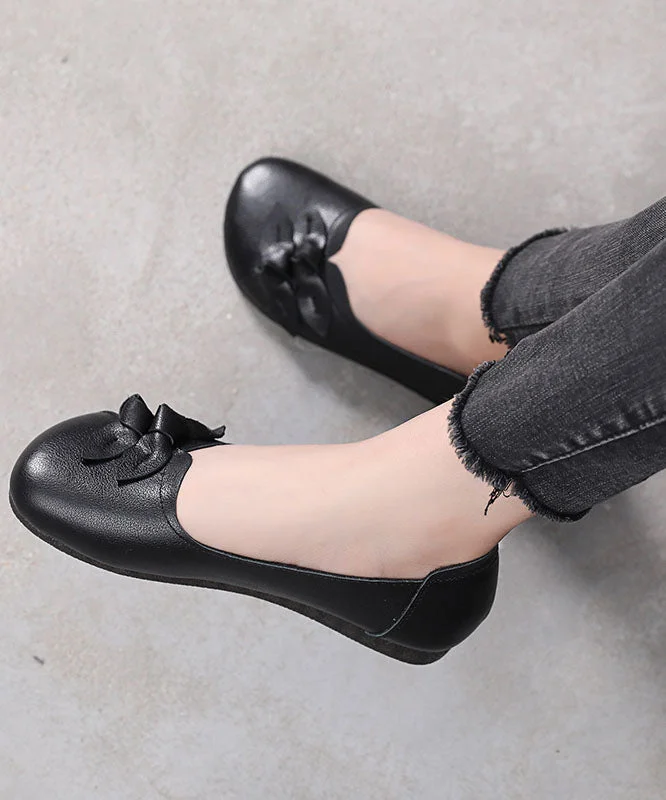 Black Bow Flat Shoes For Women Handmade Cowhide Leather Flat Shoes