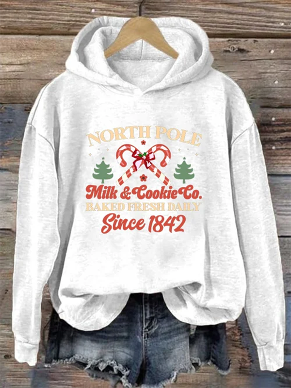 Women's Christmas North Pole Milk Cookie Co Since 1842 Print Hoodie