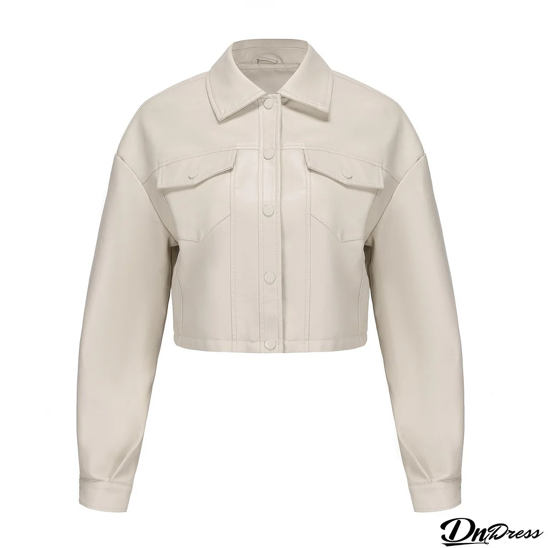 Women Loose Casual Long-sleeved Single-breasted Turndown Collar Crop Jacket