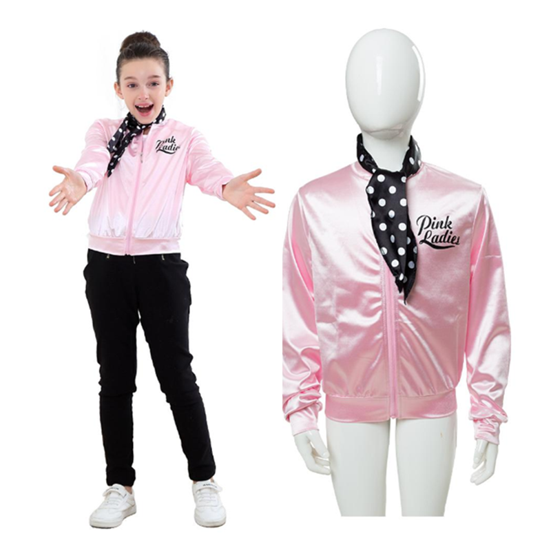 Kids Girl Movie Grease Pink Ladies Silks and Satins Coat Outfits Cosplay Costume Halloween Carnival Suit