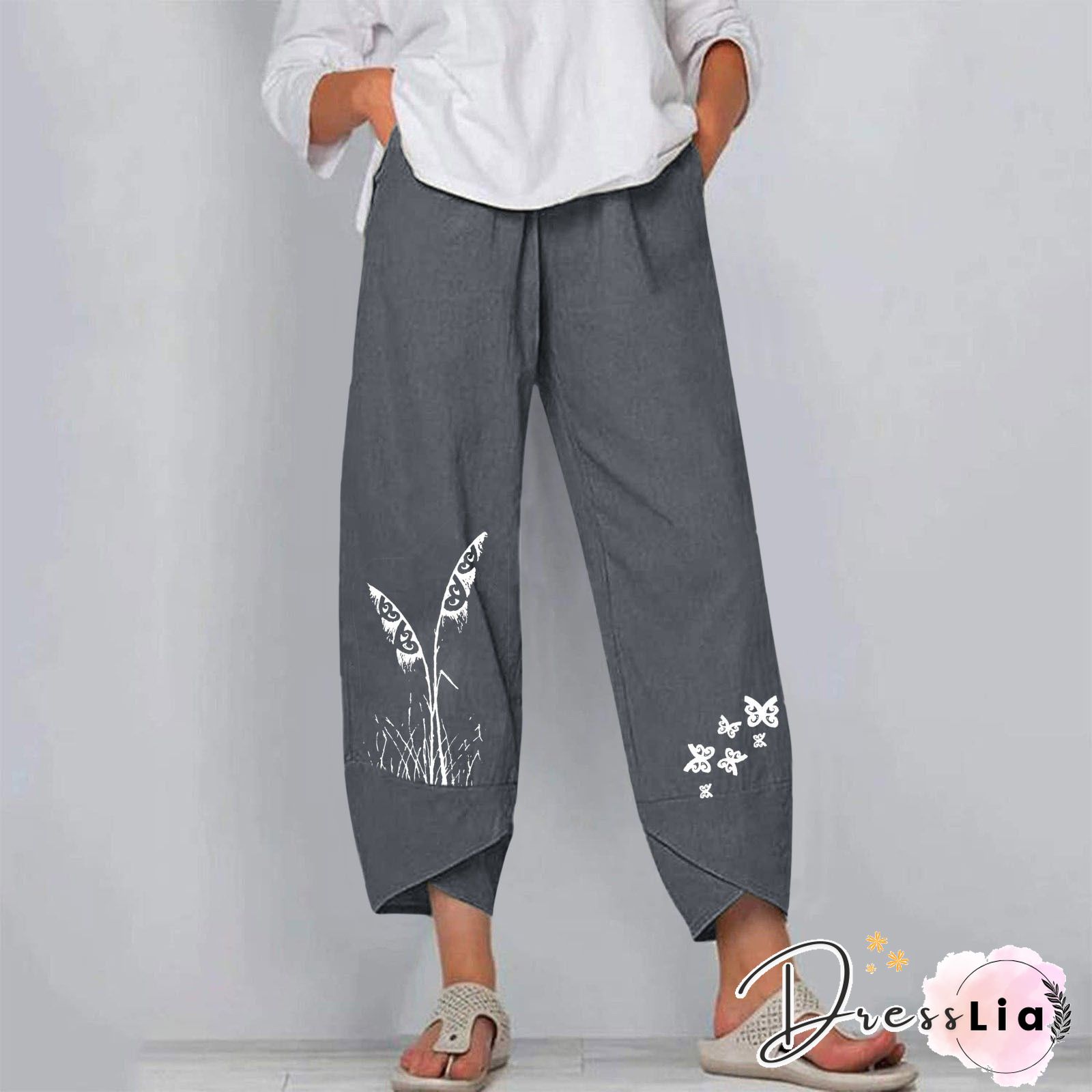 Gray Floral Printed Stripes Casual Shift Pants for Women