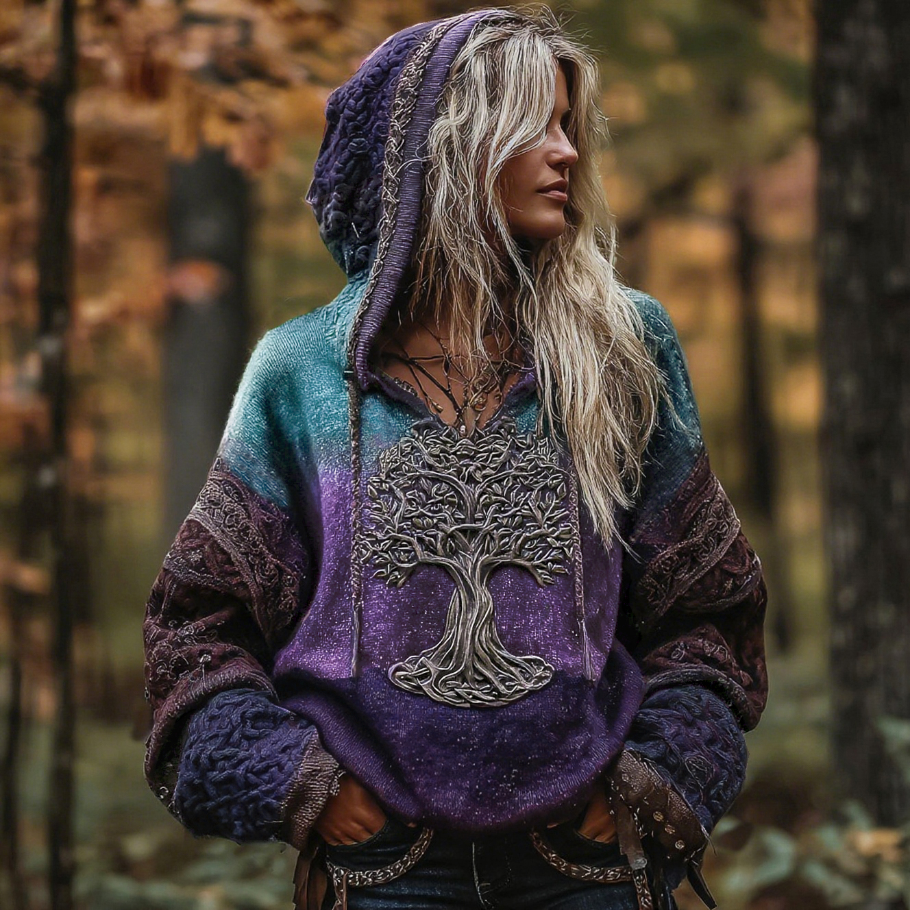 Women's Viking Life Of Tree Art Knitted Warm Hooded Sweater