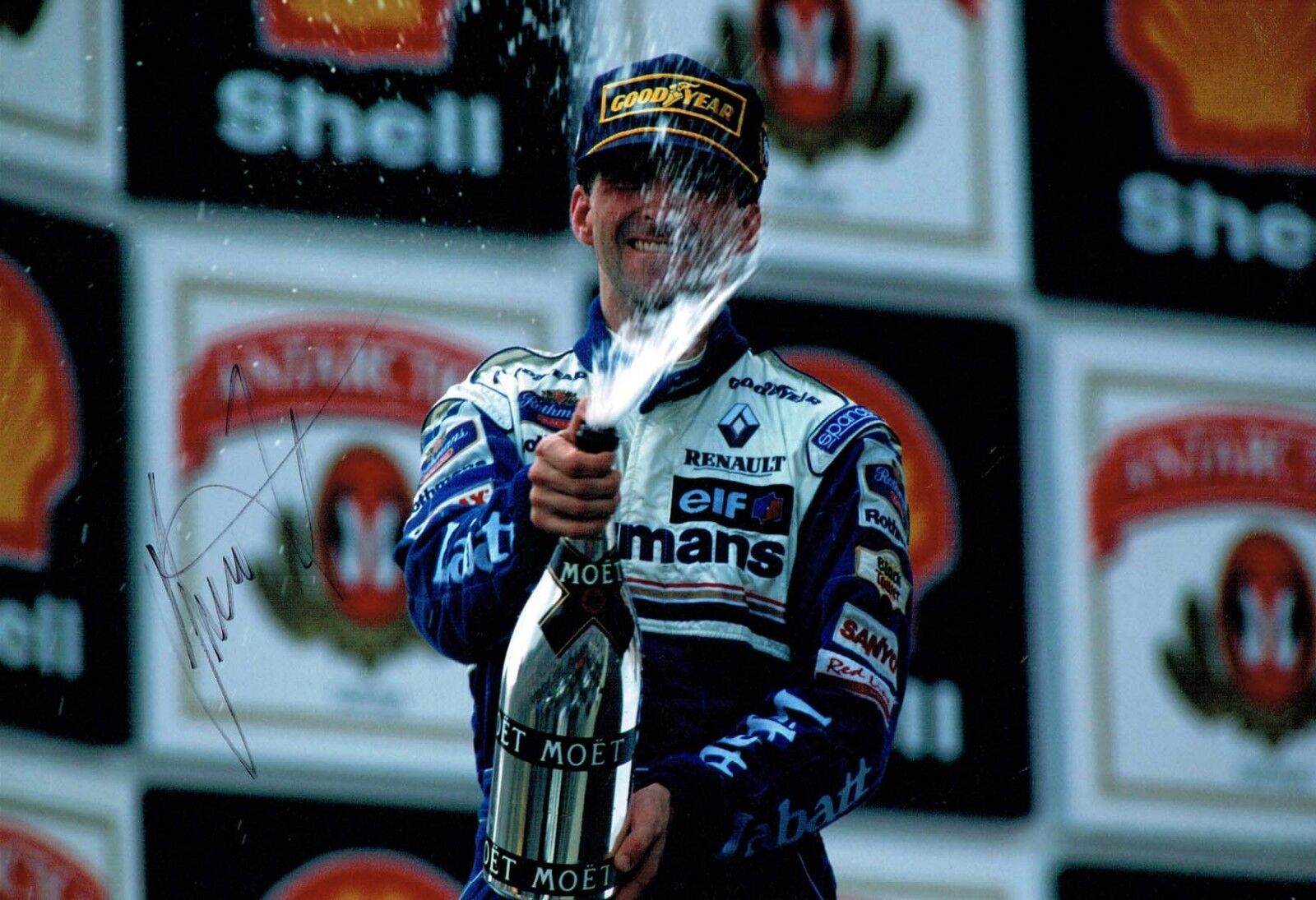 Damon HILL Signed Autograph F1 12x8 Champagne Celebration Podium Photo Poster painting AFTAL COA