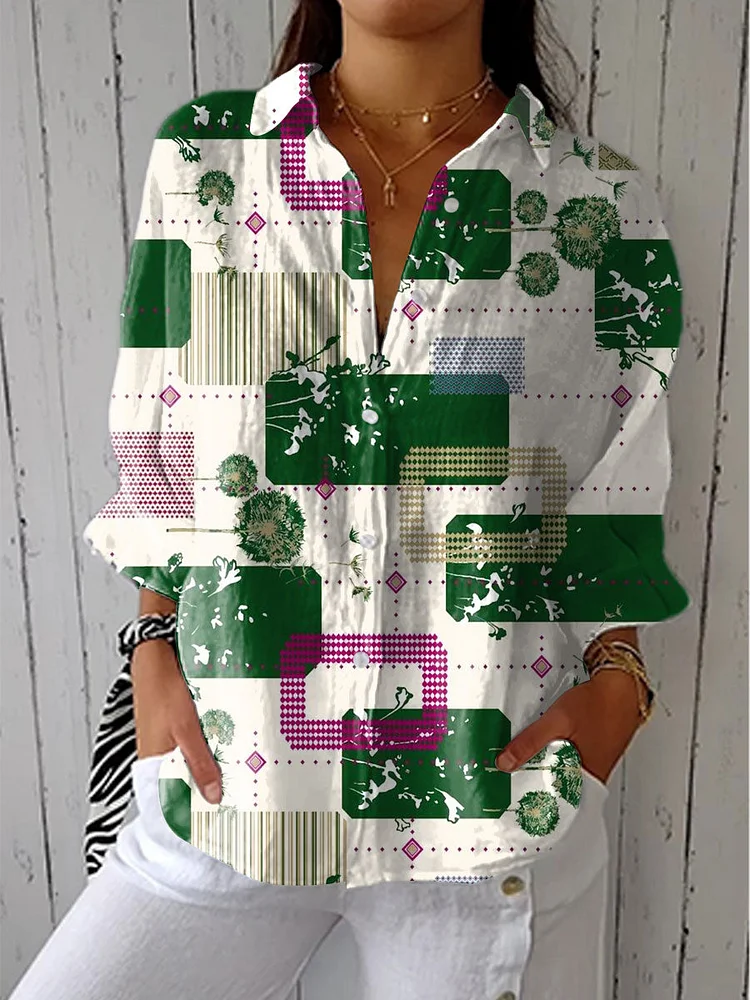 Women's Vintage Floral Abstract Art Print Casual Linen V-neck Shirt