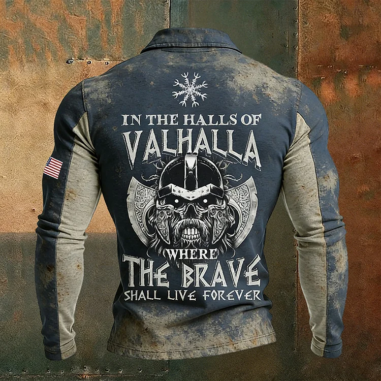 Men's Retro Viking Soul Print Casual Zip-up Top