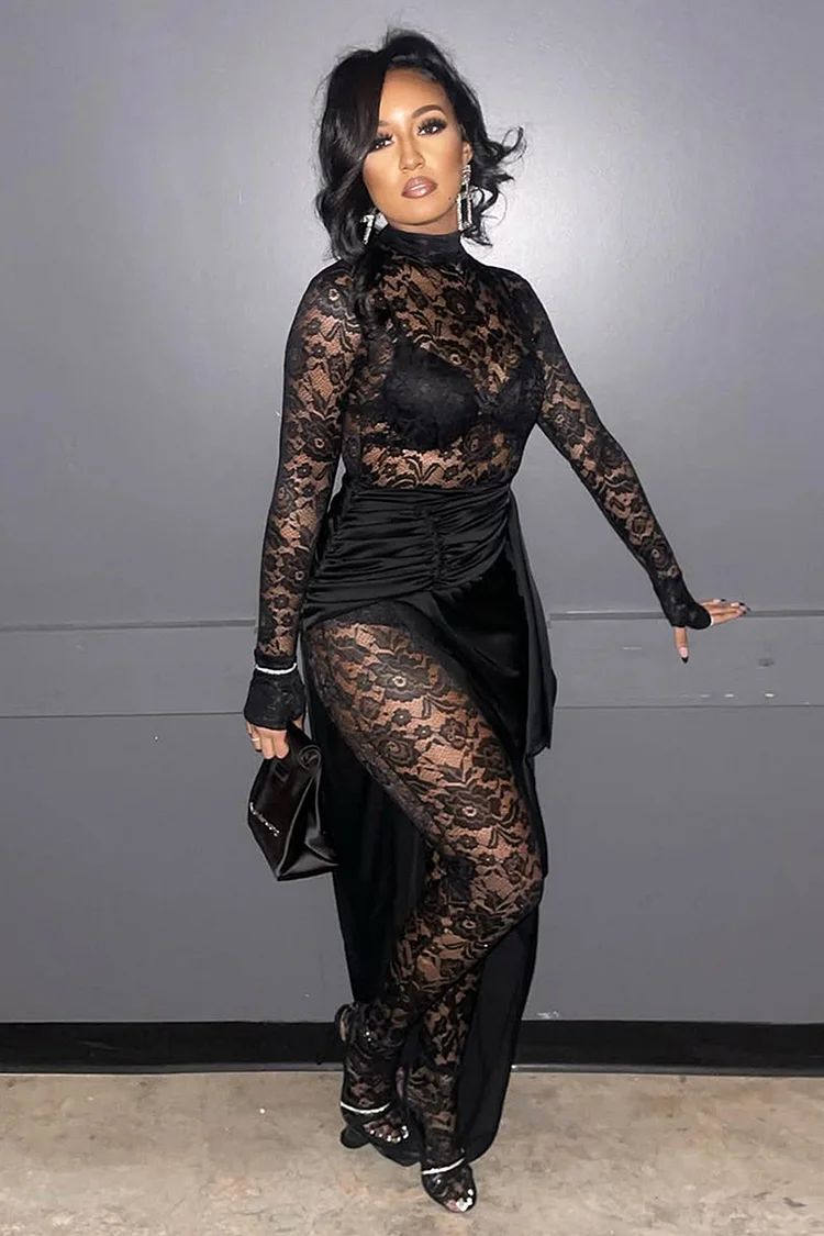 Mock Neck Bodycon Lace Jumpsuit Maxi Skirt Party 2pcs Set-Black [Pre Order]