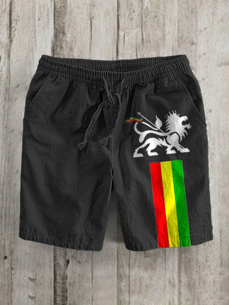 Men's Reggae Lion Art Print Linen Blend Casual Shorts