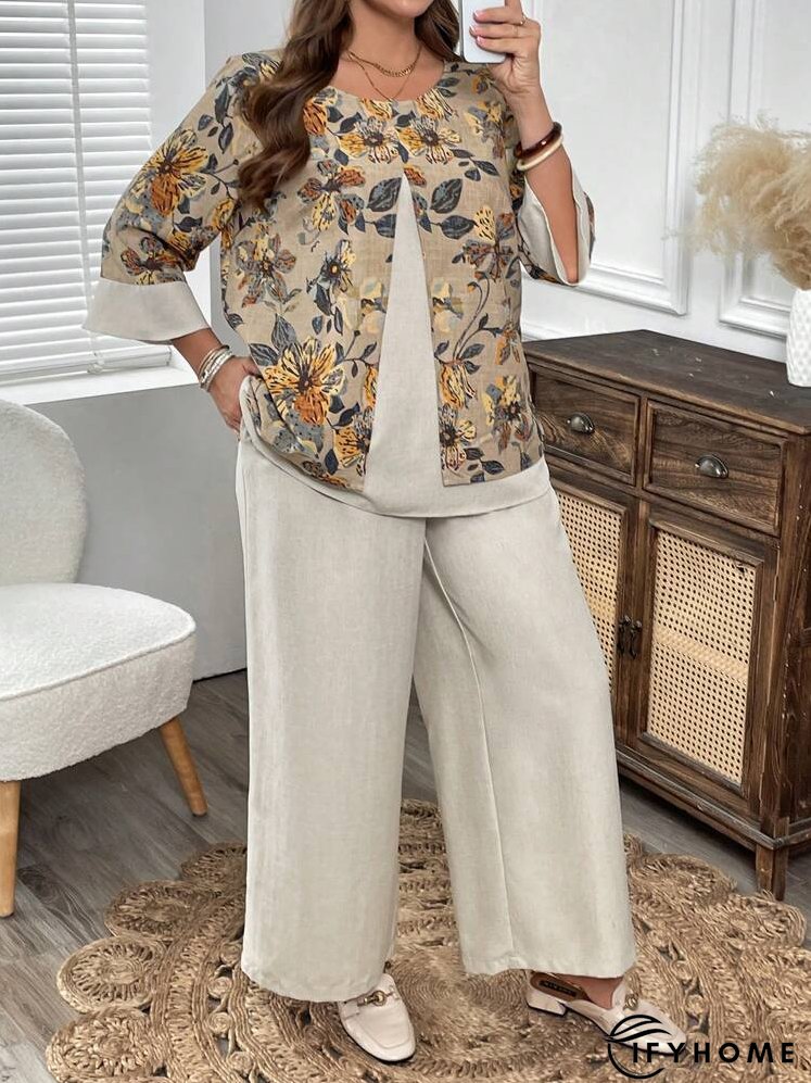2pcs Plus Size Floral Print Patchwork Long Sleeve Top And Wide Leg Pants Set, Autumn | IFYHOME