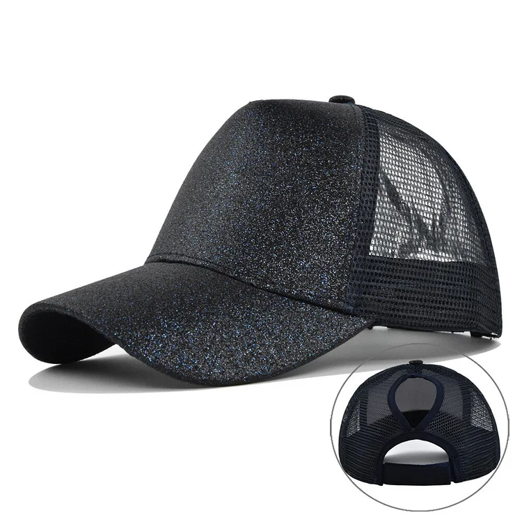 Cross-Border Flash Baseball Cap Sequined Peaked Cap Back Opening Cap with Hair Extensions Sunshade Female Horse Tail Baseball Ca