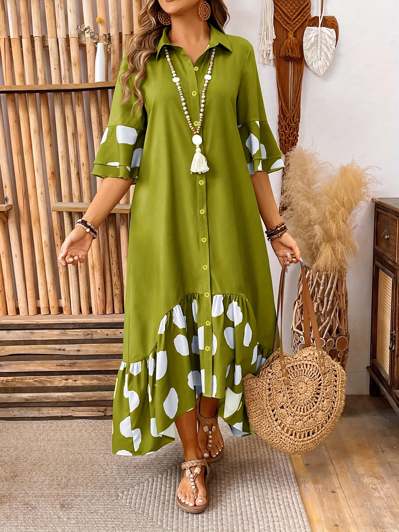 Plus Size - Women's Elegant Polka Dot Print Maxi Dress With Ruffle Detail - Green And White, Short Front, Long Back, Perfect For Summer Vacations, Casual To Formal Wear, Casual Elegance | Ruffle Detail Dress | Polyester Fabric | IFYHOME