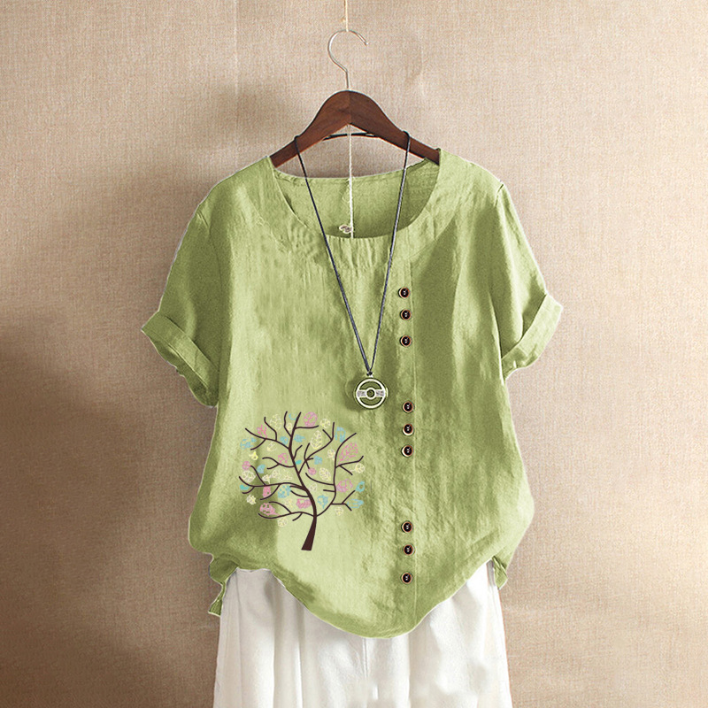Northwnidgrp Round Neck Short Sleeved Pullover Shirt 2025 Women's Summer Retro Casual Loose Cotton Linen Pullover Large Blouses