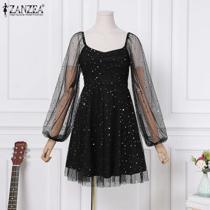 Women's Elegant Lace Patchwork Dress ZANZEA Party Solid A Line Robe 2022 Autumn Red Sequein Dresses Female Holiday Knee Vestidos