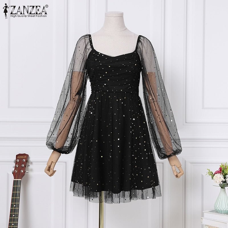 Women's Elegant Lace Patchwork Dress ZANZEA Party Solid A Line Robe 2022 Autumn Red Sequein Dresses Female Holiday Knee Vestidos