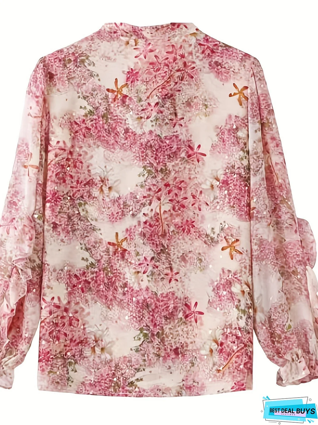 Floral Print Ruffle Trim Blouse, Elegant Tie Neck Long Sleeve Blouse For Spring & Fall, Women's Clothing