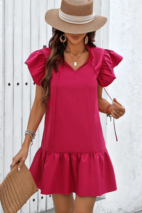 Ruffle Sleeve V Neck Solid Dress