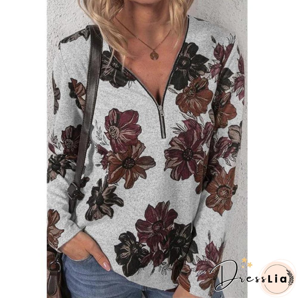 Zipper Flower Printed Long Sleeve Shirt