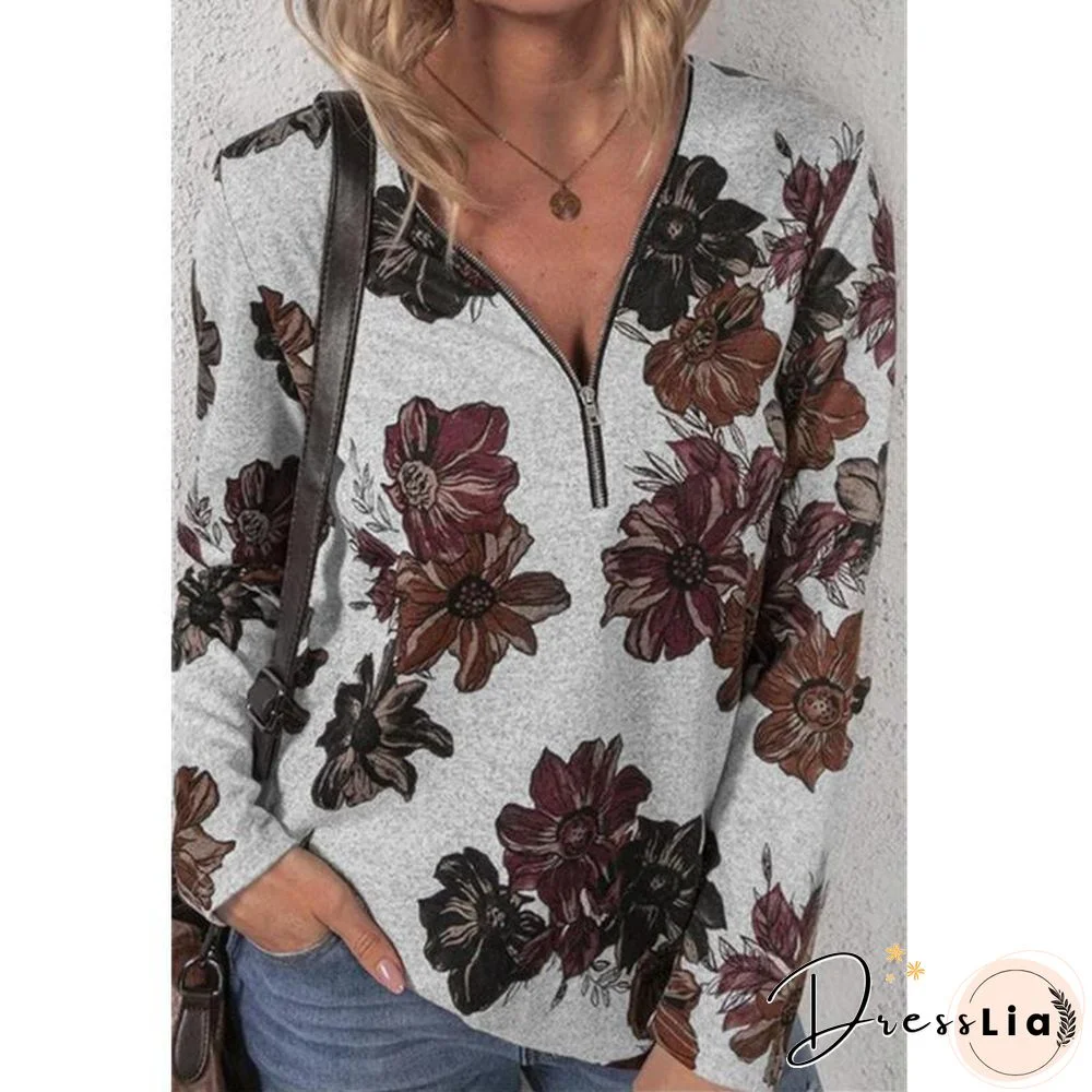 Zipper Flower Printed Long Sleeve Shirt