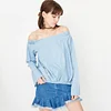 ONLY Brand 2018 NEW summer cotton67% casual solid color slah neck asymmetrical hem tops women denim shirts |117362502