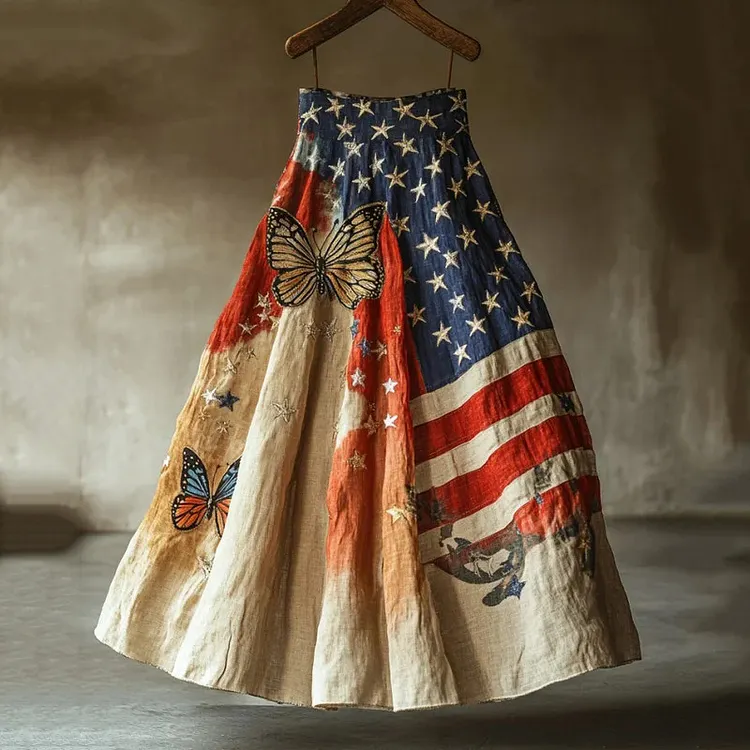 Women's Retro Stars Butterflies Contrast Print Independence Day Skirt