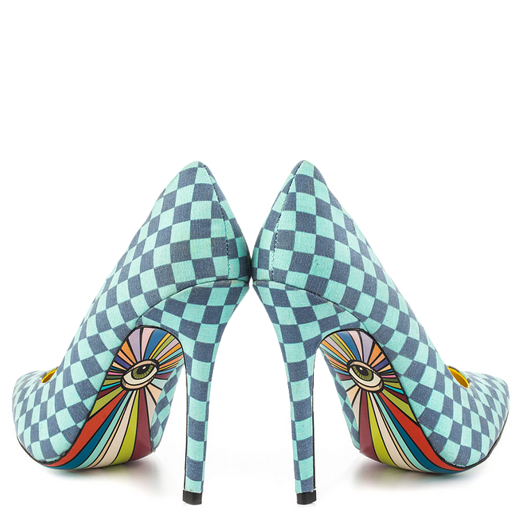 Blue Plaid Printed Pointy Toe Stiletto Heels Pumps for Women |FSJ Shoes