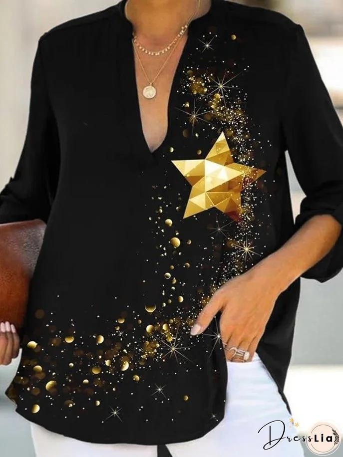Women's T-Shirts Star Print V-Neck 3/4 Sleeve T-Shirt