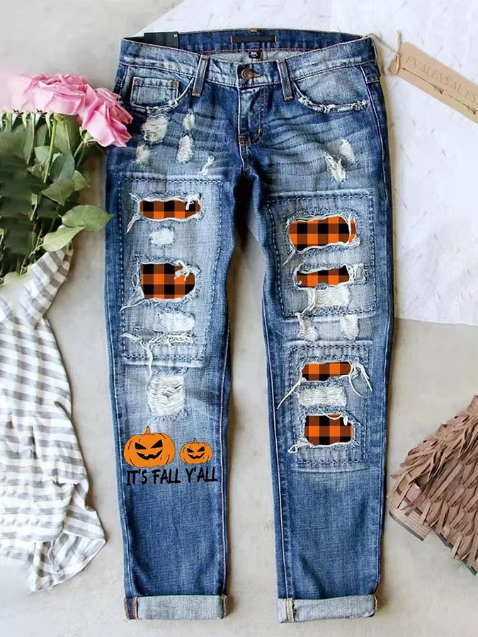 Casual Pumpkin Skull Print Straight Jeans
