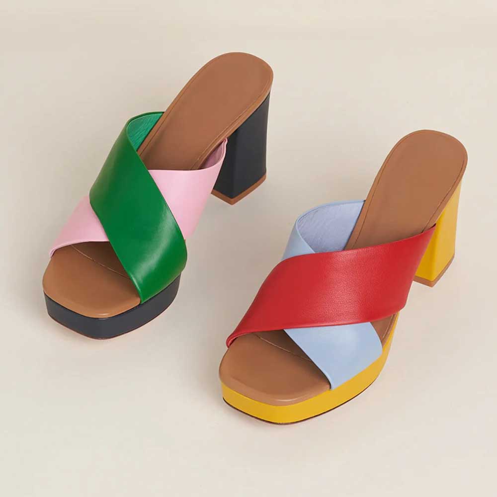 Multi-Color Chunky High Heel Square Toe Platform Mules Sandals Nicepairs
