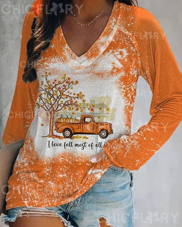 Women's Thanksgiving I Love Fall Most of All Maple Pumpkin Truck Print Long Sleeve Casual T-Shirt