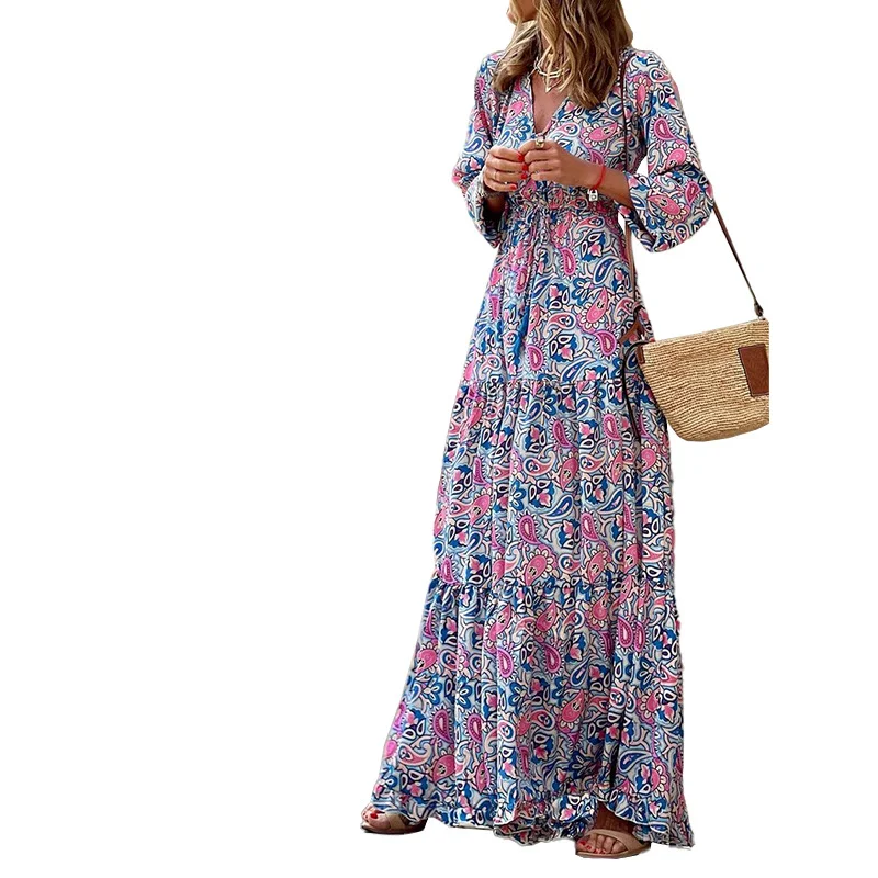 Woherb Woherb 937 Spot Women's Wear Fall 2023 New Fashion V-Neck Long Sleeve Medium Long Bohemian Dress-Outfit Ideas
