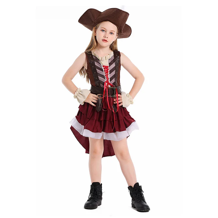 Kids Girls Pirate Brown Top Skirt Set Outfits Stage Performance Suit  Halloween Carnival Costume 