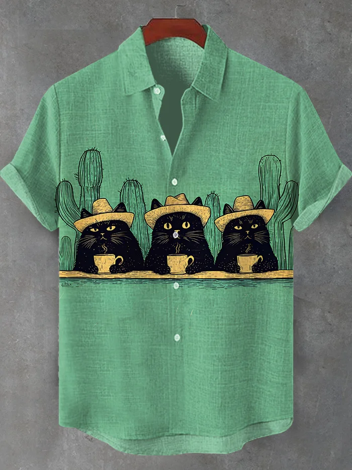 Men's Western Cowcat Cactus Print Short Sleeve Shirt