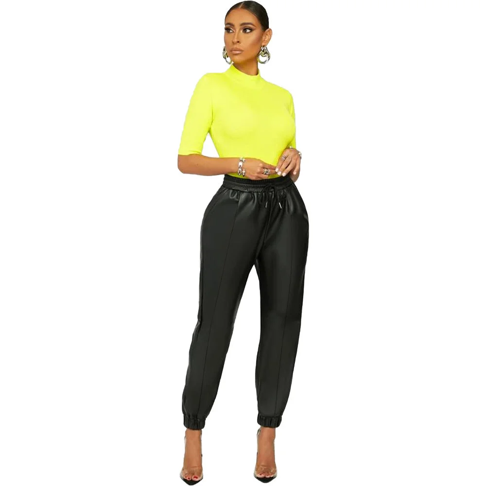 Uveng Solid Mid Waist Color Sexy Leather Casual Pants Skinny Leggings