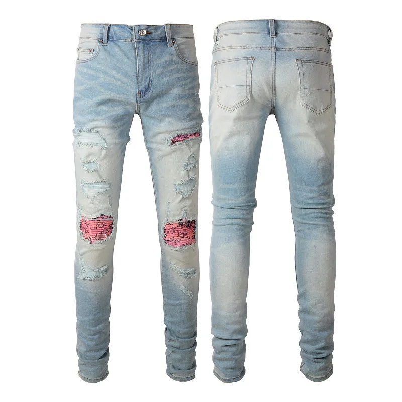 Men's High Street Biker Jeans Light Blue Ripped Patch Skinny Beggar Jeans Rapper Jeans