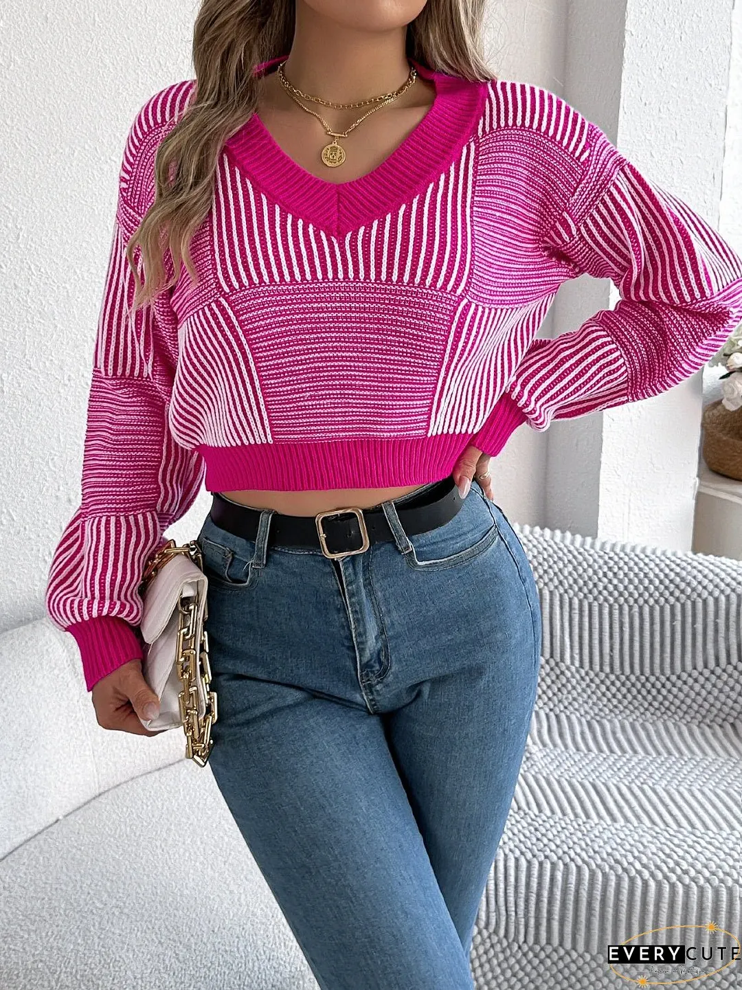 Striped V-Neck Long Sleeve Sweater