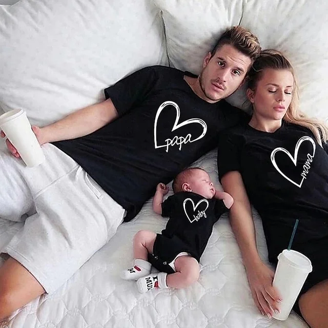 BlanketCute-Personalized family Cotton Heart Letter Casual T-shirt | 02