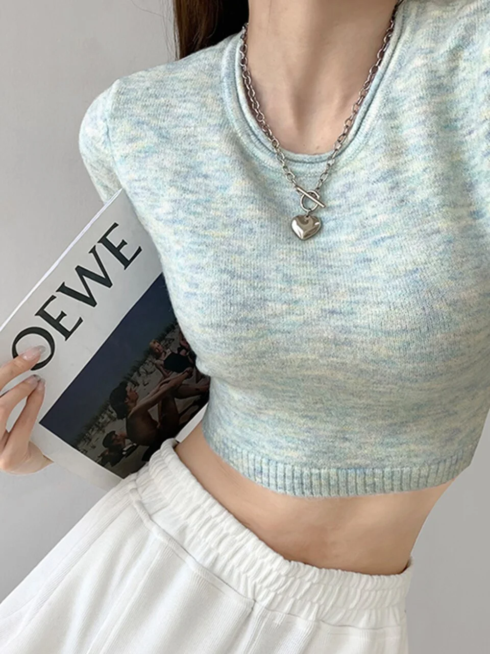 Ueong Short Sweater T-shirts Y2k Clothes Round Neck Knitted Sweater Women's Open Navel T Shirt Sexy Open Back Lace Crop Top
