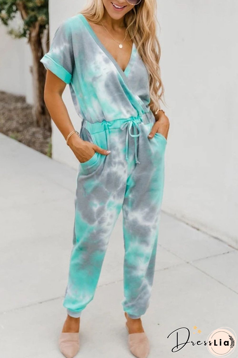 Tie-Dyed V-Neck Short Sleeve Jumpsuit