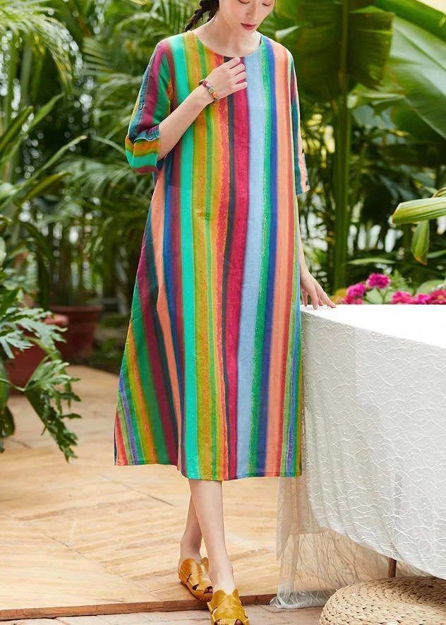 Classy multicolor striped linen clothes For Women o neck pockets summer Dresses
