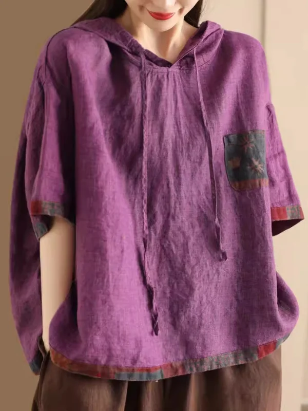 Vintage Spliced Mid-Sleeve Linen Hooded T-Shirt