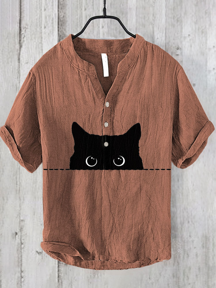 menweary Japanese Art Black Cat Print Cotton Blend Shirt
