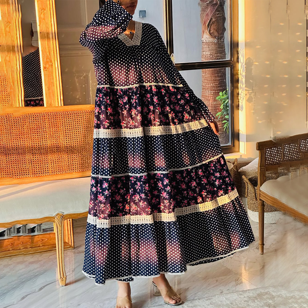 Women's Middle Eastern Floral Print Polka Dot Jalabiya