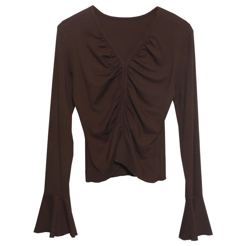 Uveng Real Shooting 2024 Autumn Dress Sexy V-Neck Folded Open Fork Short High-Waisted T-Shirt Horn Long Sleeve Bottom Top 161