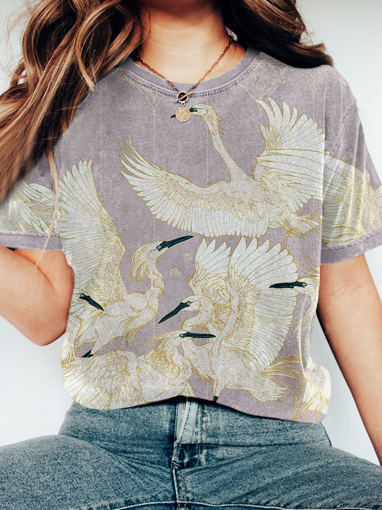 Comstylish Dancing Cranes Crew Neck Vintage Washed T Shirt