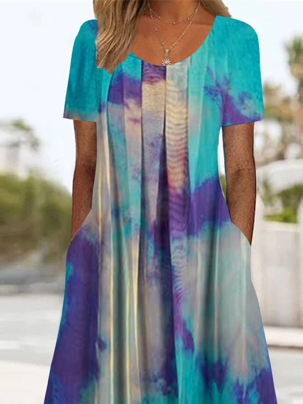 Women's Short Sleeve Scoop Neck Graphic Printed Midi Dress