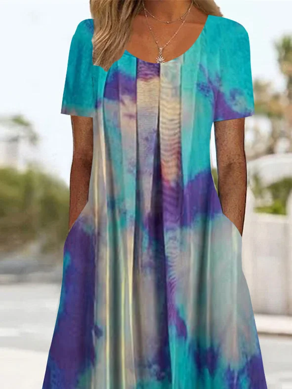 Women's Short Sleeve Scoop Neck Graphic Printed Midi Dress