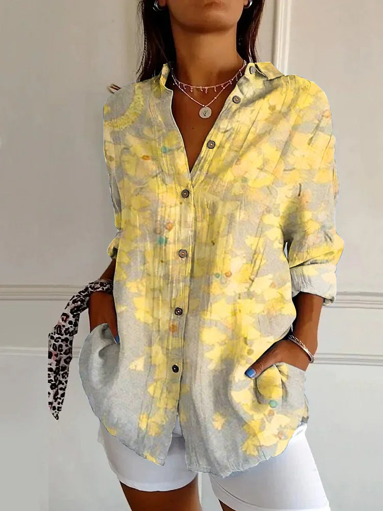Japanese Yellow Ginkgo Leaf Print Loose Long-sleeved Shirt