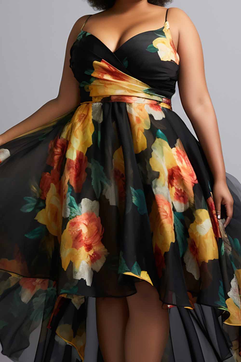 Design Plus Size Vacation Elegant Black Floral Asymmetric Hem Tulle Maxi Dresses [Pre-Order]